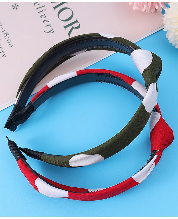 Pine Kids Hair Bands Bow Applique with Polka Dots Free Size Pack of 2 - Red & Green