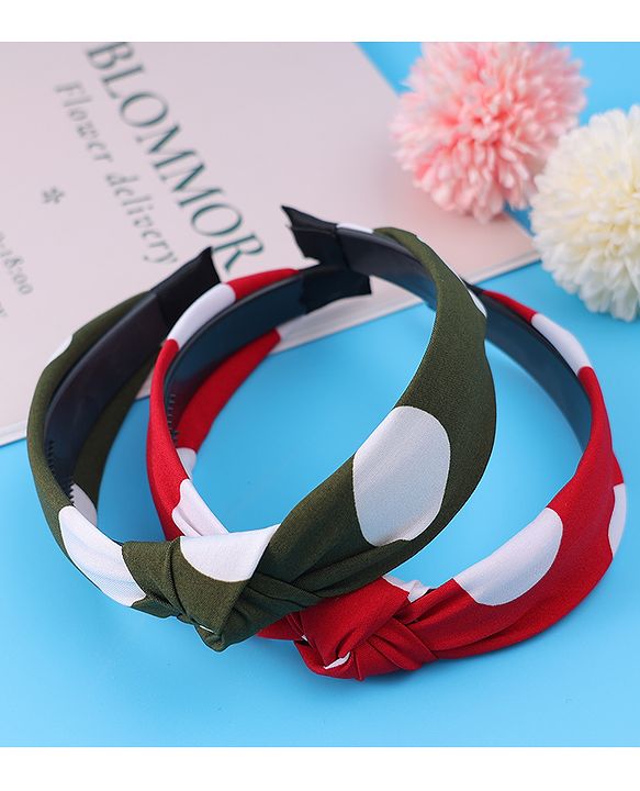 Pine Kids Hair Bands Bow Applique with Polka Dots Free Size Pack of 2 - Red & Green