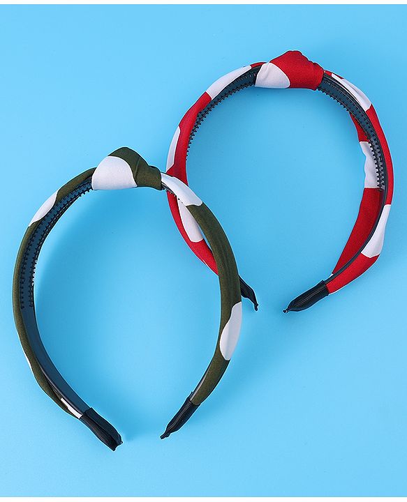 Pine Kids Hair Bands Bow Applique with Polka Dots Free Size Pack of 2 - Red & Green