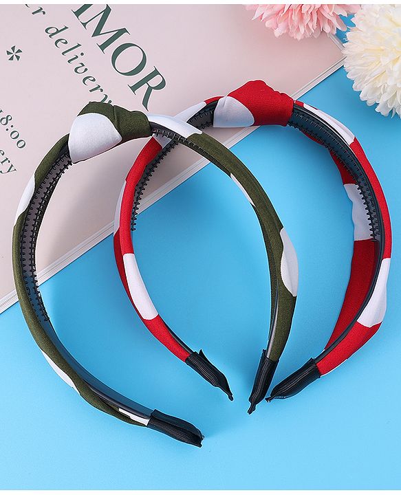 Pine Kids Hair Bands Bow Applique with Polka Dots Free Size Pack of 2 - Red & Green