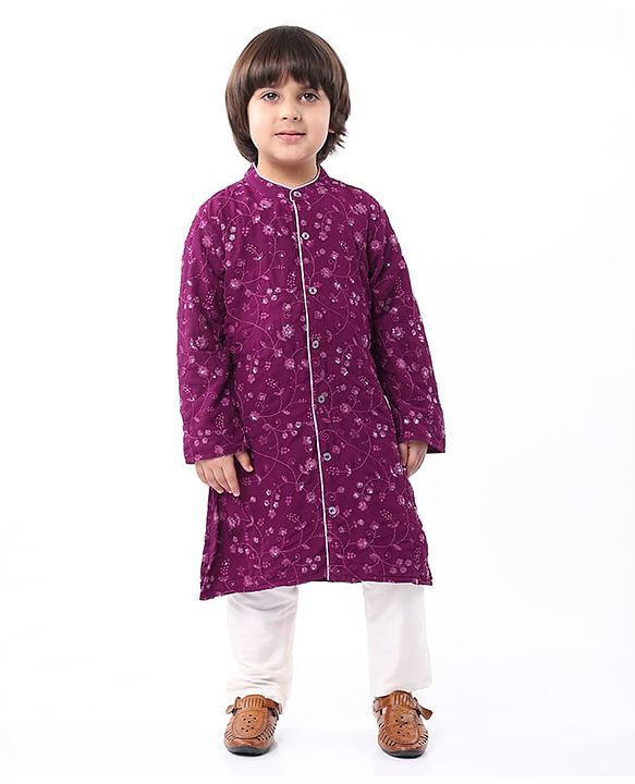 Babyhug Woven Full Sleeves Floral Sequin Embroidered Kurta Pyjama Set - Wine