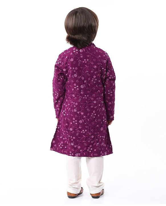 Babyhug Woven Full Sleeves Floral Sequin Embroidered Kurta Pyjama Set - Wine