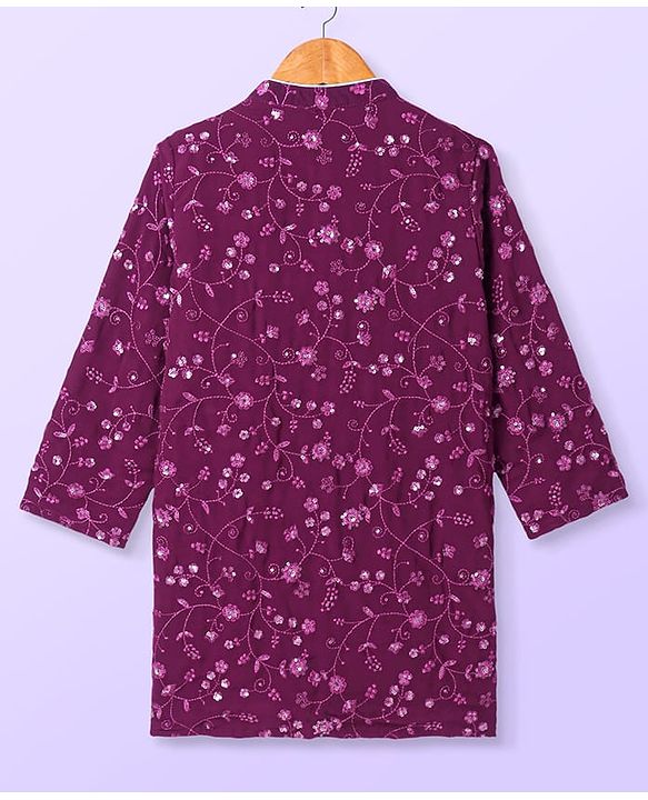 Babyhug Woven Full Sleeves Floral Sequin Embroidered Kurta Pyjama Set - Wine