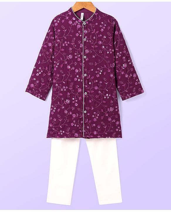 Babyhug Woven Full Sleeves Floral Sequin Embroidered Kurta Pyjama Set - Wine