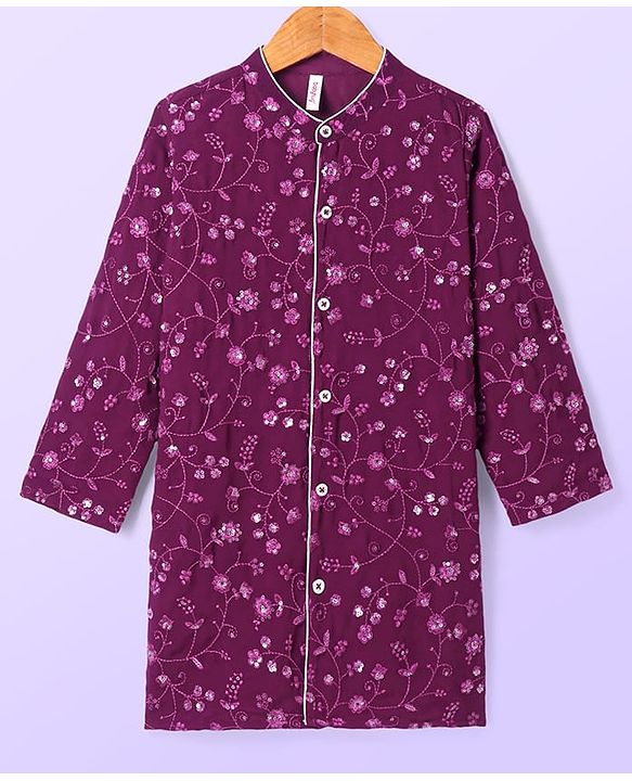 Babyhug Woven Full Sleeves Floral Sequin Embroidered Kurta Pyjama Set - Wine