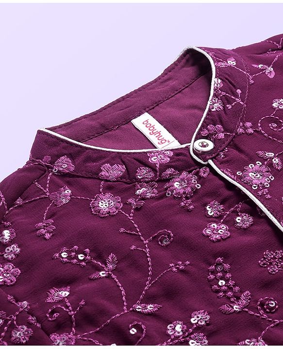 Babyhug Woven Full Sleeves Floral Sequin Embroidered Kurta Pyjama Set - Wine