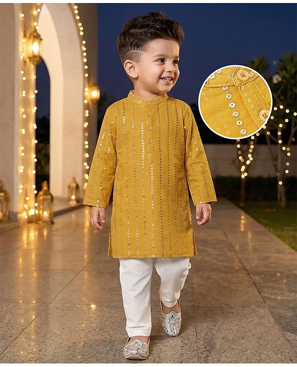 Babyhug Woven Full Sleeves Sequin Embroidered Kurta Pyjama Set - Yellow