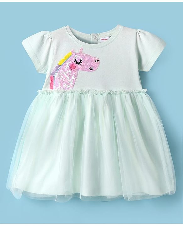 Babyhug Cotton Knit Half Sleeves Frock with Unicorn Sequin Detailing - Light Blue