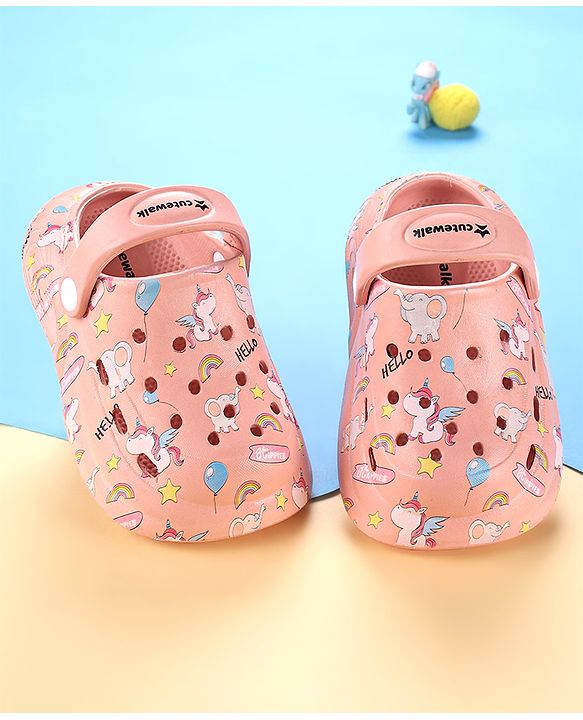 Cute Walk by Babyhug Unicorn Printed Clogs with Backstrap - Dark Peach