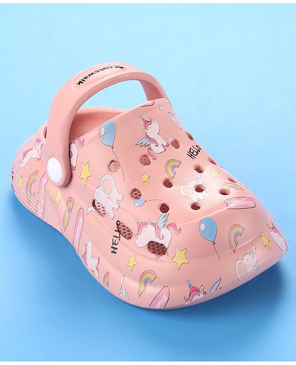 Cute Walk by Babyhug Unicorn Printed Clogs with Backstrap - Dark Peach