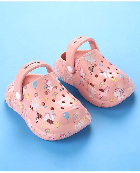 Cute Walk by Babyhug Unicorn Printed Clogs with Backstrap - Dark Peach
