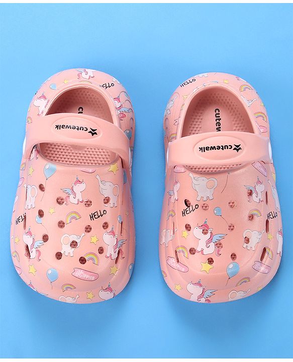 Cute Walk by Babyhug Unicorn Printed Clogs with Backstrap - Dark Peach