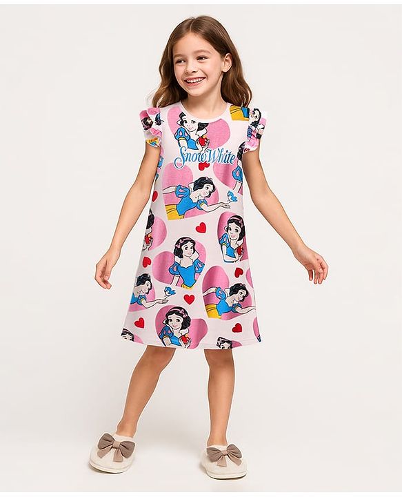 Pine Kids Disney Single Jersey Knit Frill Sleeves Nighty With Snow White Graphics Pack Of 2 - Pink & Light Blue