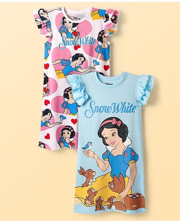 Pine Kids Disney Single Jersey Knit Frill Sleeves Nighty With Snow White Graphics Pack Of 2 - Pink & Light Blue
