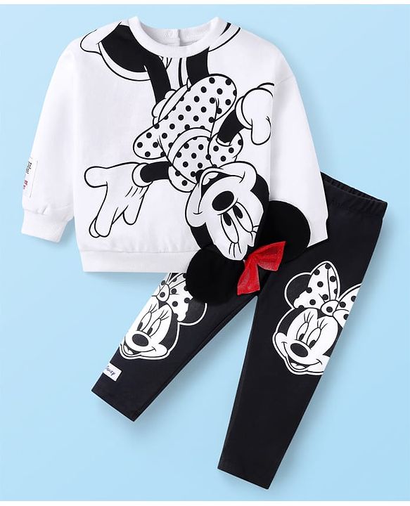 Babyhug Disney Single Jersey Knit Full Sleeves Sweatshirt & Leggings Set with Minnie Mouse Graphics Bow &  Badge Detailing - Black & White
