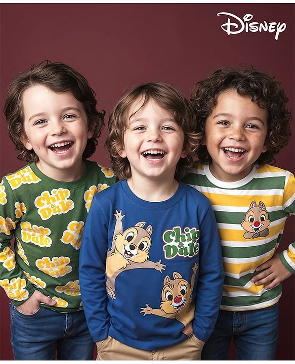 Babyhug Disney Single Jersey Knit Full Sleeves T-Shirts with Stripes & Chip N Dale Graphics Pack of 3 - Blue & Green