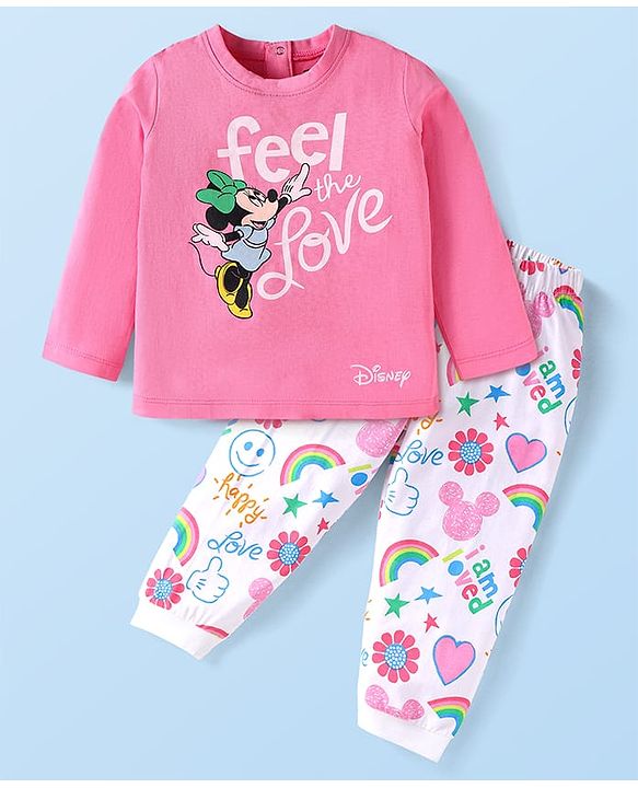 Babyhug Disney Single Jersey Knit Full Sleeves Night Suit With Minnie Mouse Graphics - Pink & White