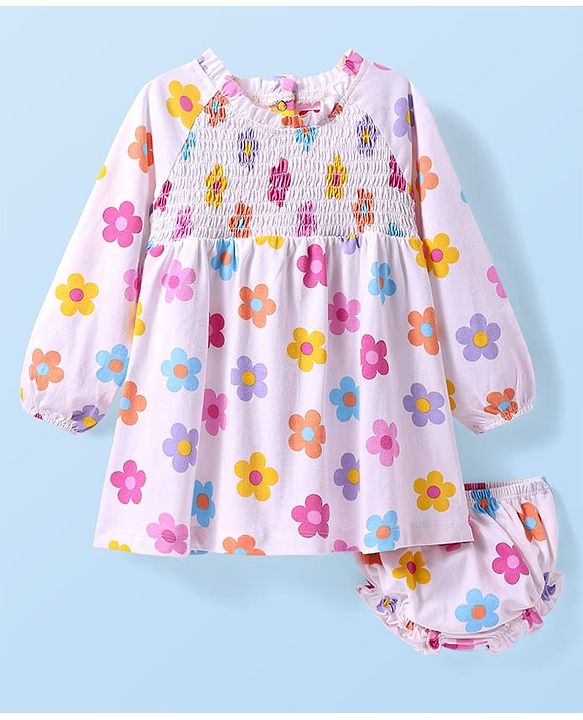 Babyhug Cotton Knit Full Raglan Sleeves Floral Printed Frock with Bloomer & Smocking Detailing - Pink