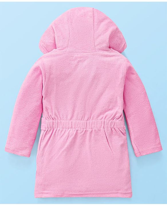 Babyhug Terry Knit Full Sleeve Hooded Bathrobe With Elastic At Waist & Text Embroidery - Pink