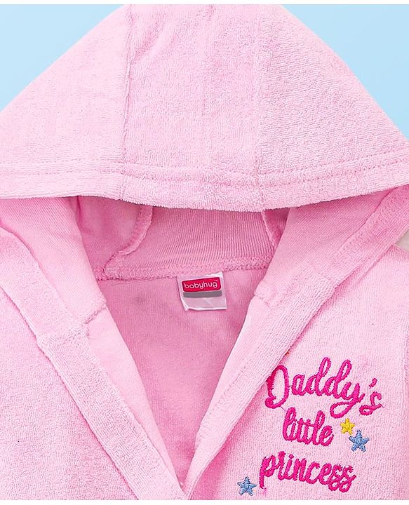 Babyhug Terry Knit Full Sleeve Hooded Bathrobe With Elastic At Waist & Text Embroidery - Pink