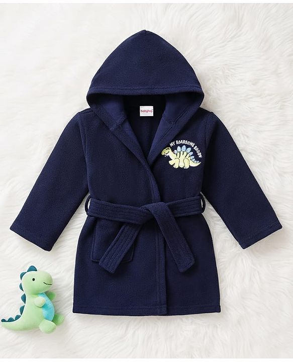 Babyhug Terry Knit Full Sleeve Hooded Bathrobe with Elastic at Waist & Dino Patch - Navy Blue