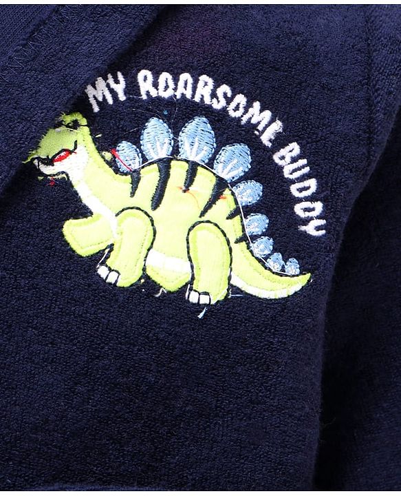 Babyhug Terry Knit Full Sleeve Hooded Bathrobe with Elastic at Waist & Dino Patch - Navy Blue