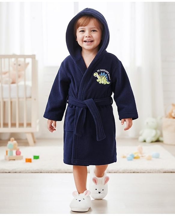Babyhug Terry Knit Full Sleeve Hooded Bathrobe with Elastic at Waist & Dino Patch - Navy Blue
