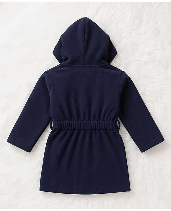 Babyhug Terry Knit Full Sleeve Hooded Bathrobe with Elastic at Waist & Dino Patch - Navy Blue