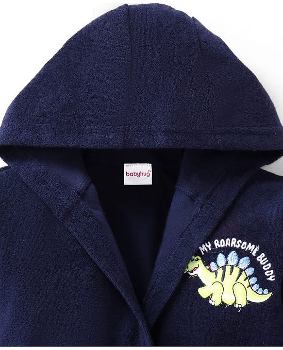 Babyhug Terry Knit Full Sleeve Hooded Bathrobe with Elastic at Waist & Dino Patch - Navy Blue