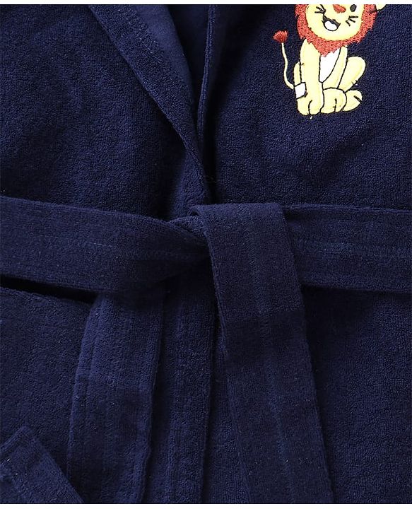 Babyhug Terry Knit Full Sleeve Hooded Bathrobe with Elastic at Waist & Lion Embroidery - Navy Blue