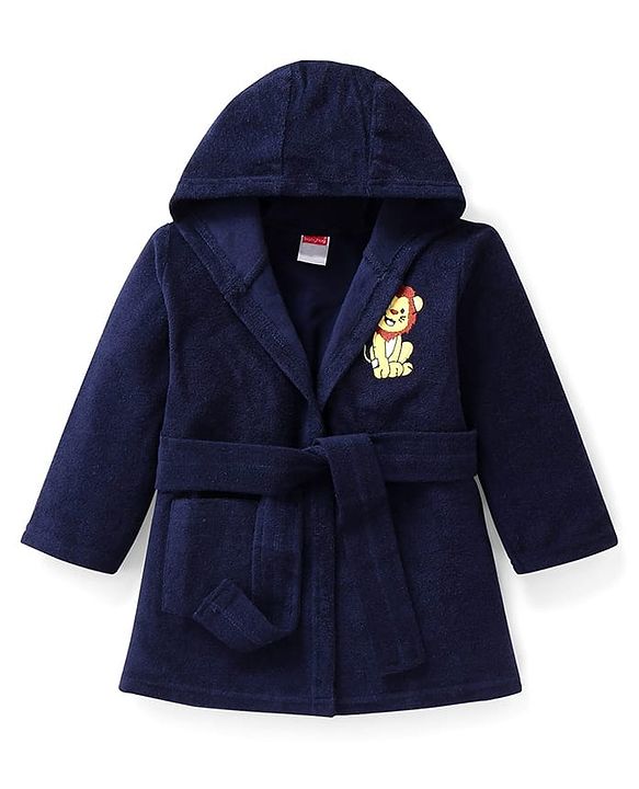 Babyhug Terry Knit Full Sleeve Hooded Bathrobe with Elastic at Waist & Lion Embroidery - Navy Blue