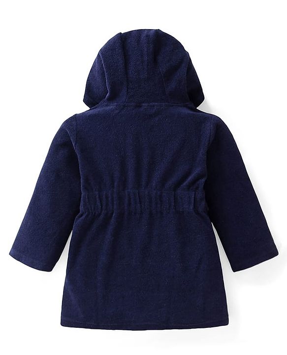 Babyhug Terry Knit Full Sleeve Hooded Bathrobe with Elastic at Waist & Lion Embroidery - Navy Blue