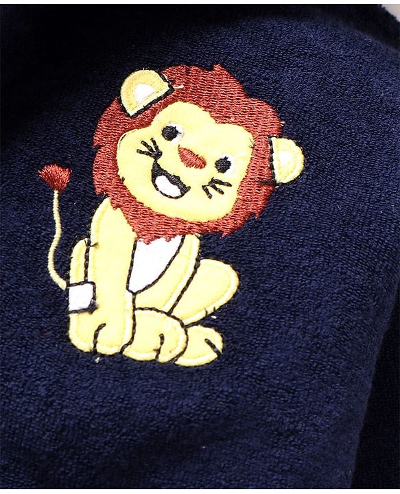 Babyhug Terry Knit Full Sleeve Hooded Bathrobe with Elastic at Waist & Lion Embroidery - Navy Blue