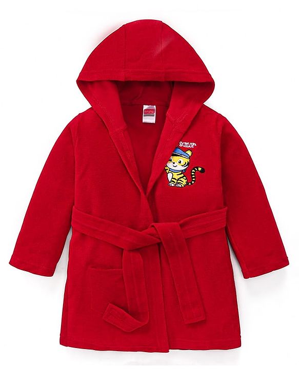 Babyhug Terry Knit Full Sleeve Hooded Bathrobe With Elastic At Waist & Animal Embroidery - Red