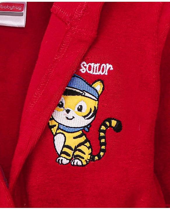 Babyhug Terry Knit Full Sleeve Hooded Bathrobe With Elastic At Waist & Animal Embroidery - Red