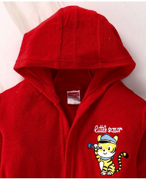 Babyhug Terry Knit Full Sleeve Hooded Bathrobe With Elastic At Waist & Animal Embroidery - Red