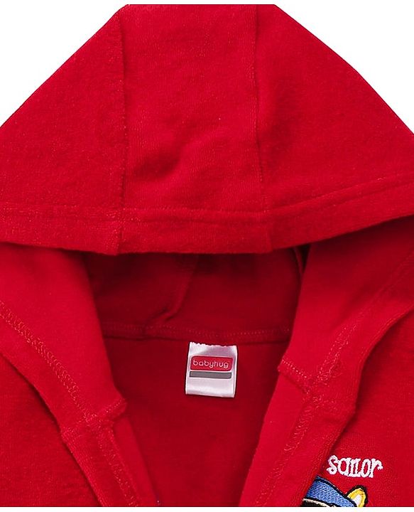 Babyhug Terry Knit Full Sleeve Hooded Bathrobe With Elastic At Waist & Animal Embroidery - Red