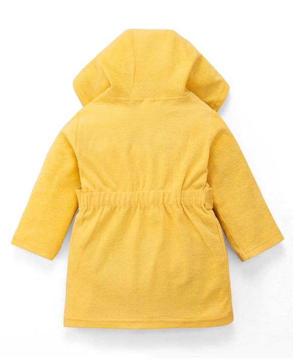 Babyhug Terry Knit Full Sleeve Hooded Bathrobe With Elastic At Waist & Dino Embroidery - Yellow