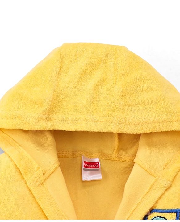 Babyhug Terry Knit Full Sleeve Hooded Bathrobe With Elastic At Waist & Dino Embroidery - Yellow