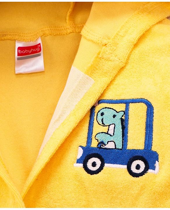 Babyhug Terry Knit Full Sleeve Hooded Bathrobe With Elastic At Waist & Dino Embroidery - Yellow