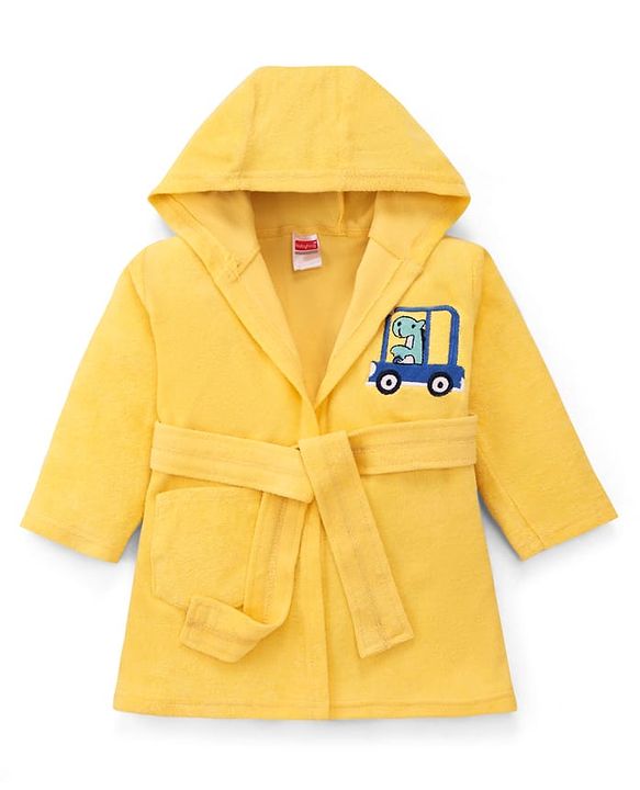 Babyhug Terry Knit Full Sleeve Hooded Bathrobe With Elastic At Waist & Dino Embroidery - Yellow