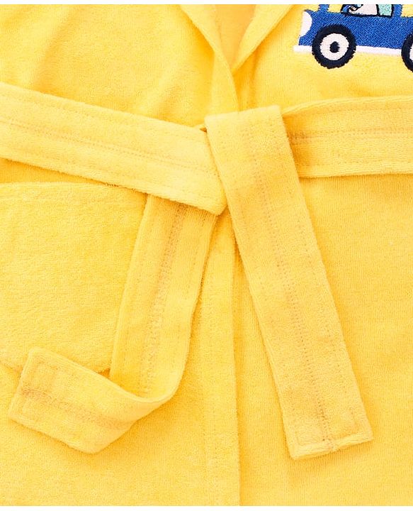Babyhug Terry Knit Full Sleeve Hooded Bathrobe With Elastic At Waist & Dino Embroidery - Yellow