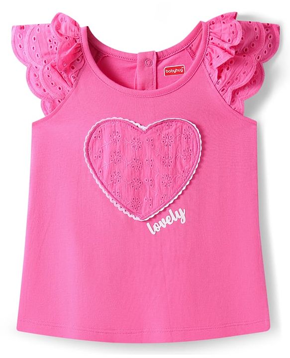 Babyhug Cotton Knit Frill Sleeves T-Shirt with Heart Lace Detailing & Text Print - Dark Pink