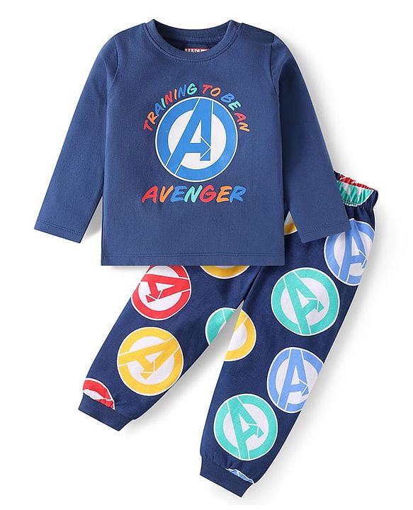 Babyhug Marvel Single Jersey Knit Full Sleeves Night Suit with Avengers Graphics - Navy Blue