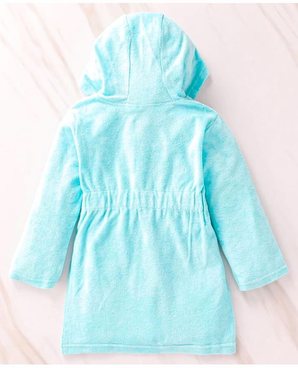 Babyhug Terry Knit Full Sleeve Hooded Bathrobe With Elastic At Waist & Animal Embroidery - Blue