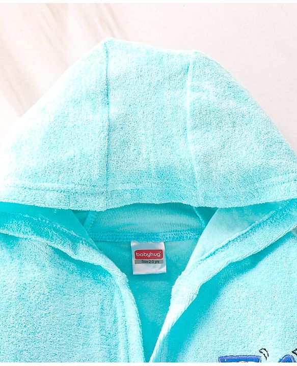 Babyhug Terry Knit Full Sleeve Hooded Bathrobe With Elastic At Waist & Animal Embroidery - Blue