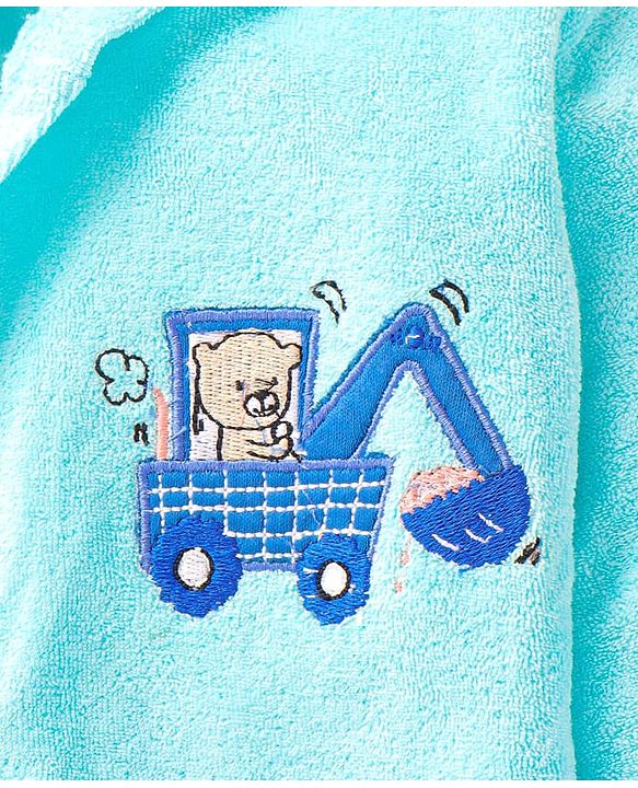 Babyhug Terry Knit Full Sleeve Hooded Bathrobe With Elastic At Waist & Animal Embroidery - Blue