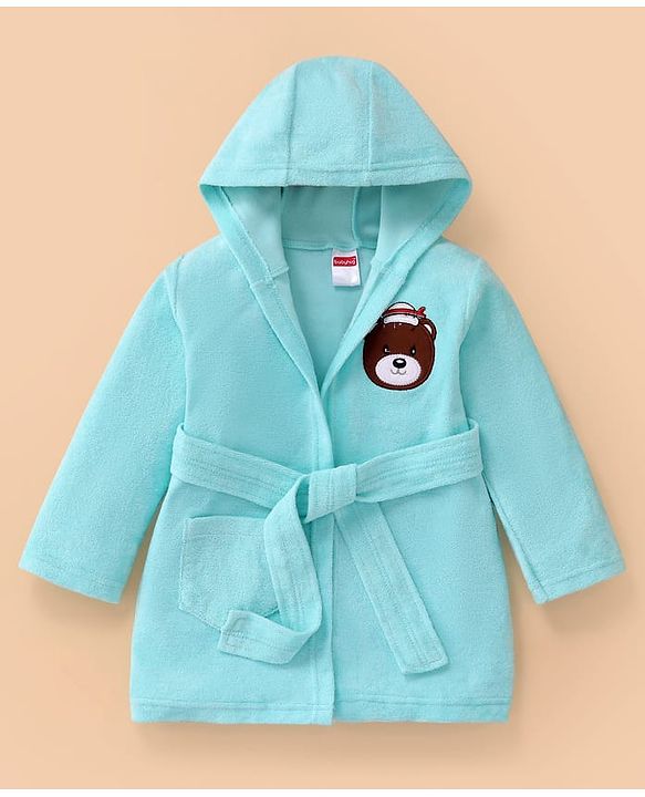 Babyhug Terry Knit Full Sleeve Hooded Bathrobe With Elastic At Waist & Animal Embroidery - Blue