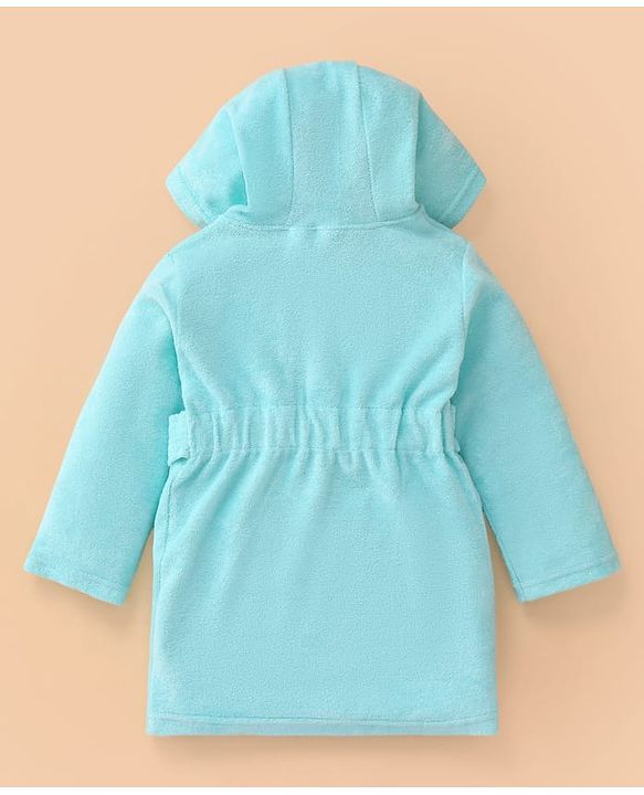 Babyhug Terry Knit Full Sleeve Hooded Bathrobe With Elastic At Waist & Animal Embroidery - Blue