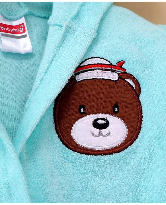 Babyhug Terry Knit Full Sleeve Hooded Bathrobe With Elastic At Waist & Animal Embroidery - Blue